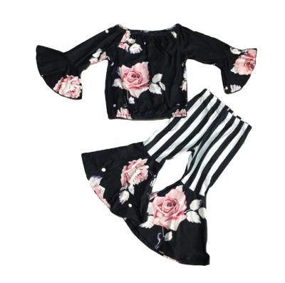 China Spring/Winter Casual Baby Outfit Cotton Clothes Ruffles Black Floral Flower Ruffles Bell Bottoms Stripe Pants for sale