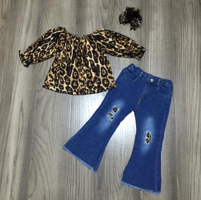 China Baby Fall/Winter Fashion Casual Outfits Ruffled T Shirt Leopard Top With Bell Bottom Jeans Pants for sale