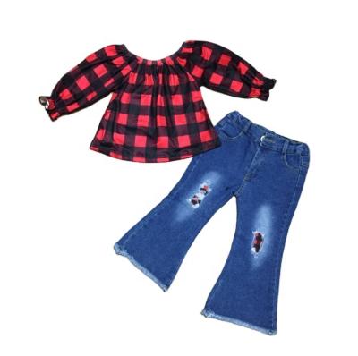 China Baby Fall/Winter Fashion Casual Outfits Ruffled T-shirt Red Plaid Top With Bell Bottom Jeans Pants for sale