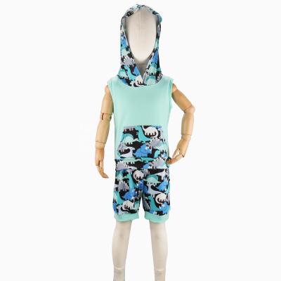 China Girlymax Summer Kids Casual Clothes Boy Sports Casual Set Dinosaur Print Aqua Turquoise Sweatshirt Shorts Sleeveless Hooded Outfit for sale