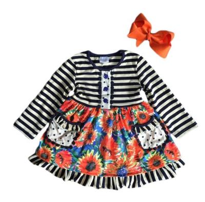 China Casual Baby Girls Fall Winter Rose Polka Dot Floral Button Black Stripe Ruffle Knee Length Girls Dress for sale