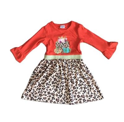 China Casual Babies Fall Winter Halloween Cute Pumpkin Leopard Lower Knee Length Girls Dress for sale