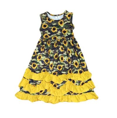 China New Summer Casual Cotton Baby Girls Dress Milk Silk Camouflage Maxi Sunflower Ruffles Sleeveless Kids Clothes Match Accessory Bow for sale