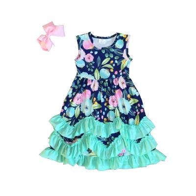 China New Summer Baby Kids Cotton Maxi Dress Milk Casual Silk Pink Floral Ruffles Sleeveless Kids Clothes Match Accessory Bow for sale