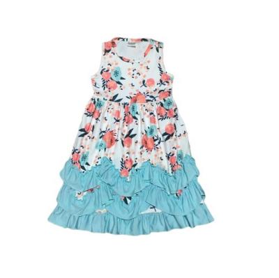 China New Summer Baby Kids Cotton Maxi Dress Casual Milk Silk Pink Blue Floral Ruffles Sleeveless Clothes Match Accessory Bow for sale