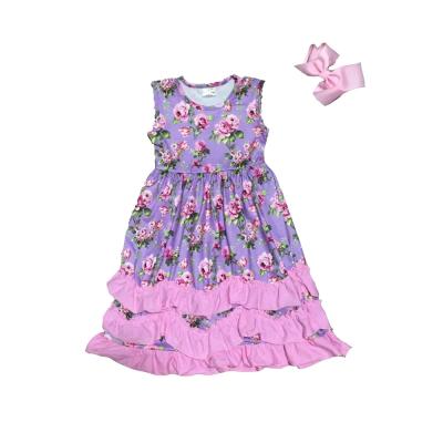 China New Summer Baby Kids Cotton Maxi Dress Milk Casual Lavender Silk Pink Floral Ruffles Sleeveless Clothes Match Accessory Bow for sale