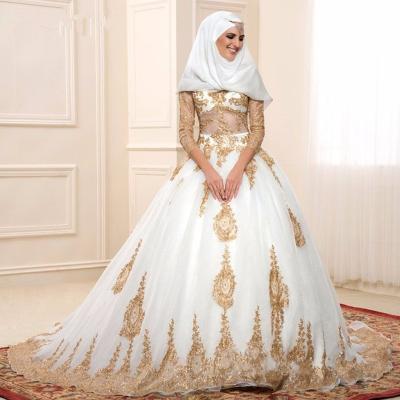 China Breathable White And Gold Lace Applique Turkey Luxury Muslim Wedding Dress for sale