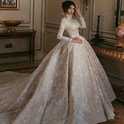 China New Design Dubai Anti-wrinkle High Neck Plus Size Luxury Long Sleeve Muslim Wedding Dress for sale