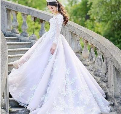 China High Quality Elegant Muslim White Ball Gown Wedding Dress Lace Anti-wrinkle Long Sleeve Wedding Dress for sale