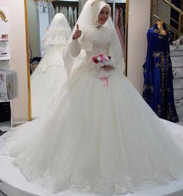 China New Fashion Breathable White High Neck Long Sleeve Muslim Wedding Dress for sale