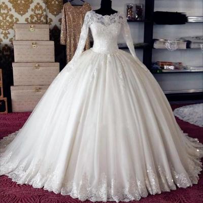 China Elegant Lace Appliques Dry Cleaning Long Sleeve Bridal Puffy Ball Gown Wedding Dress 2019 for sale