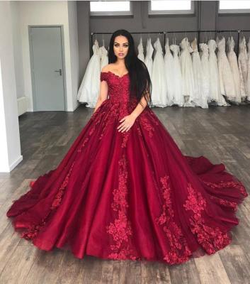 China High Quality Bridal Applique Lace Burgundy Ball Gown Luxury Arabic Wedding Dress Dry Cleaning for sale