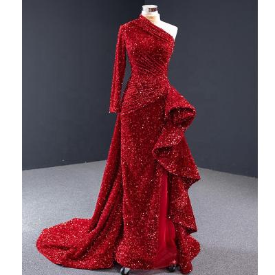 China Modest One Shoulder Sequins Red Anti-Static Elegant Party Evening Dresses for sale