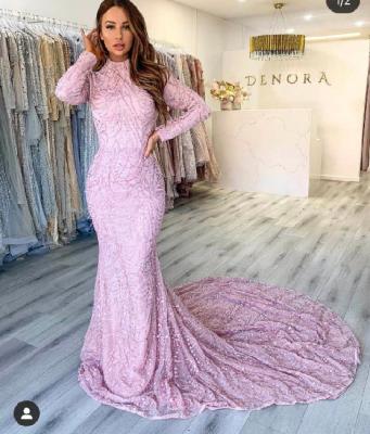 China Custom Made High Neck Long Sleeve Sequin Lace Evening Dresses Anti-Static for sale