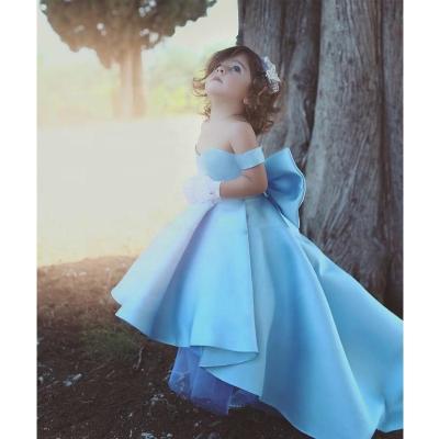 China Modest Blue Wholesale Flower Girl's High Low Off-shoulder Satin Dresses for sale