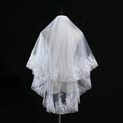 China Lace Edge Two Layers Ivory Beaded Short Wedding Veils for sale