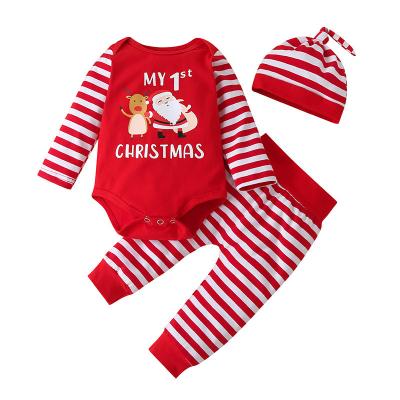 China Casual Cheap Three-piece set with hat baby christmas clothes sweater romper colour red baby bodysuit flutter sleeve winter jumpsuit for sale