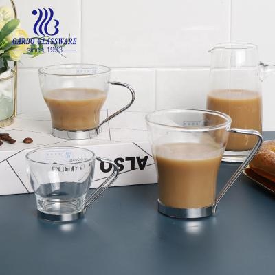 China Durable Stainless Steel Handle Customized High Quality Glass Water Drinkware 8 Ounce Coffee Mug Metal Handle Clear Glass Coffee Mug for sale