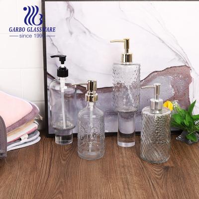 China High Viable Wholesale White Transparent Liquid Wash Shampoo Soap Dispenser With Engraved Gold Brazil Style Pattern Countertops for sale