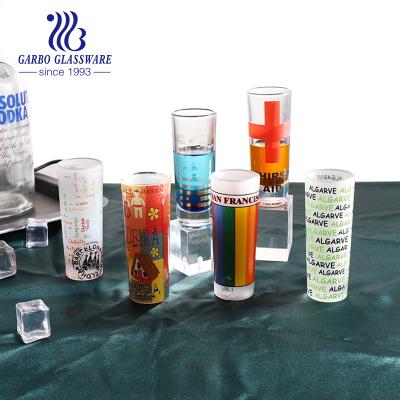 China Hot Sale 3oz Lead Free Colored Wonderful Printing Mugs Vodka Glassware Decals Souvenir Shot Glass Lead Free Tourist Mugs for sale