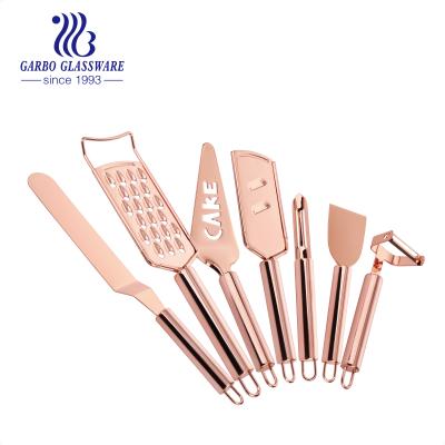 China Rose Gold Stocked Stainless Steel Kitchen 9pcs Tool Kit Cookware Baking Tools Cake Knife Spatula Set Pie Server Handle Easy Handle for sale