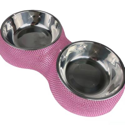 China New Design Viable Shiny Bling Diamond Pet Feeding Bowl Novelty Crystal Studded Bowls Travel Pet Bowl for sale