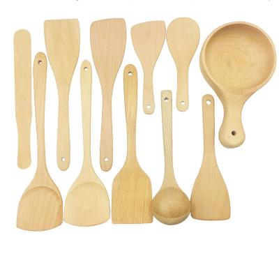 China Viable Wholesale Multiple Varieties Beech Wood Kitchen Utensils Soup Spoon Spatula Set For Nonstick Pan Cooking for sale