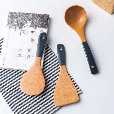 China Sustainable Cooking Utensils Wooden Smooth-Handle Handles Large Hanging Holes Stylish Thick Spatula And Spoon Set For Cooking, Mixing for sale