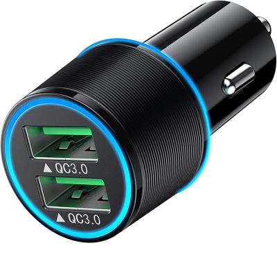 China Mobile Phone USB Car Charger 36W 2 Dual Aperture Left Fast Charging Blue Light and QC 3.0 Smart Fast Car Charger USB Dual Port Car Adapter for sale