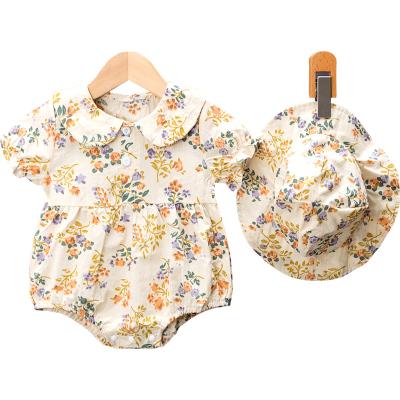 China New Style 100% Cotton Summer Babies Western Floral Printing Shorts Sheath Rompers With Hat Costume Lace Design for sale