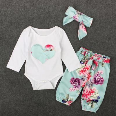 China Polyester/Cotton Three Pieces Newborn Baby Spring Flower Print Polyester Cotton Headband Romper Pants Suit for sale