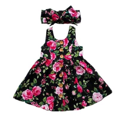 China Yifan Baby Girl Dresses Sleeveless Breathable Floral A Line Button And Headband Dress for sale