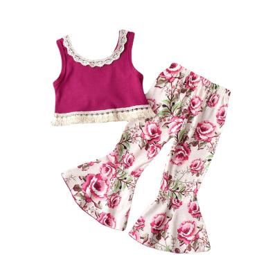 China New Fashion Summer Sleeveless Girls 2 Pcs Baby Cotton Suit Bell-bottom Floral Printing Upper Pants Leopards for sale