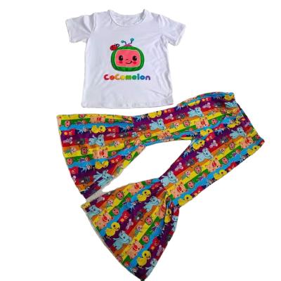 China Spring Eco-Friendly Girl Knitted Cotton Cocomelon Tops Bell Bottom Pants 2 Pcs Set Kids Designer Clothes for sale