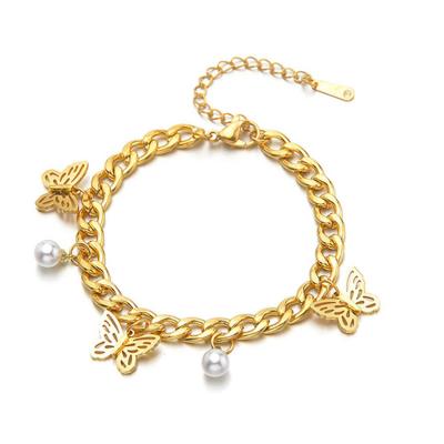 China 2021 TRENDY New Arrive Cuban Chain Tasty Chunky Bracelet 14k Gold Filled Butterflies Two Bead Bracelets for sale