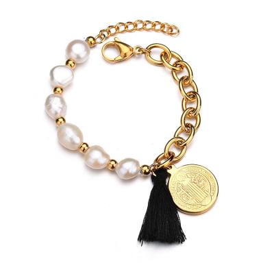 China Luxury Round Religious Hot Selling Religious Jesus Pendant Gold Plated Stainless Steel Irregular Freshwater Bracelet For Women for sale