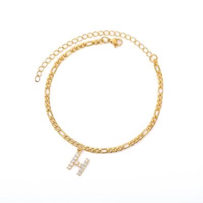 China Gold Plated Stainless Steel Women's Crystal Foot Beach Jewelry Cuban Link Bling A-Z Initial Letter Hiphop Anklets for sale