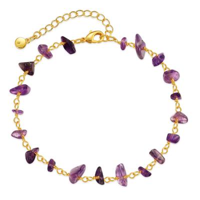 China BOHEMIA Gravel Amethyst Stone 18K Gold Irregular Natural Raw Copper Chain Crystal Anklet Beach Bracelet Anklets For Women for sale