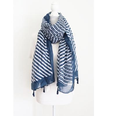 China Classic Voile Navy Stripes Scarves Women Cotton Canvas Voile Fringe Shawl Custom Beach Hijab 2021 for sale