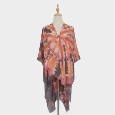 China 65/35 New fashion T/R 2021 summer beach sarongs popular women lady handmade tie dye kimonos cape hijab for sale