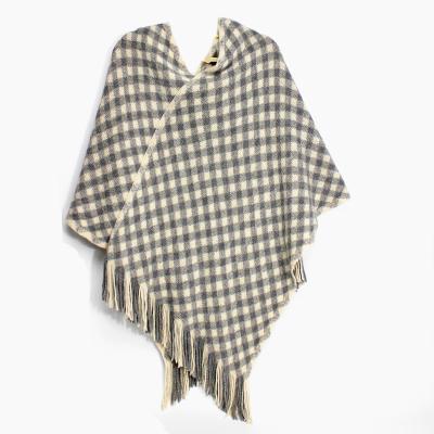 China Small Acrylic Knitted Pattern Checks Women's Soft Custom Poncho Poncho Shawl Winter Tassels Shawl for sale