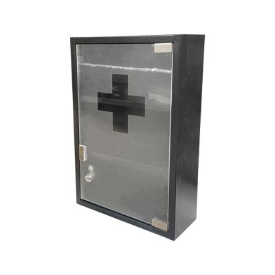 China Empty Black Metal Metal First Aid Cabinet With Plastic Shelf 2 Door First Aid Suppliers Medical Kit Box for sale