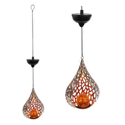 China Solar Garden Metal Garden Hanging Light with Crackled Solar Ball Lantern Outdoor Hanging Lanterns for sale