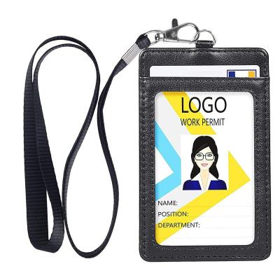 China 4 Card Slots Quantity PU Leather ID Badge Card Holder with Detachable Nylon Neck Strap Lanyard for sale