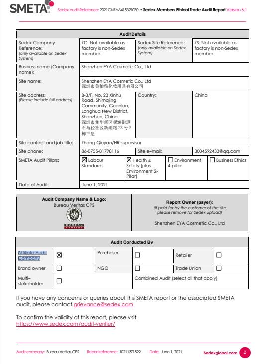 Sedex Audit - Shenzhen EYA Cosmetic Co., Ltd.