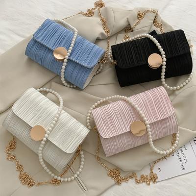 China New Goods 2020 Designer Fashion Girls Custom PU Clips Handbags Bead Chains Shoulder Messenger Handbags Mini Bag To Bag Female Women for sale