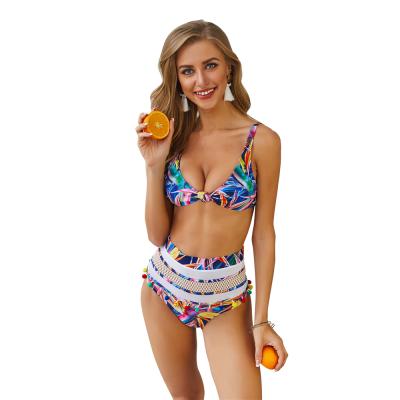 China Lady Breathable Sexy Bikini 2020 High Waist Tassel Mesh Colorful Print Pump Swimwear Swimsuit Bikinis Set Women for sale