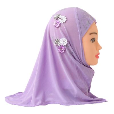 China Wholesale Plyester Polyester 2-6 Years Kids Hijab With Flower Decoration Beautiful And Cute Kids Muslim Hijab for sale