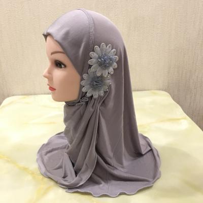 China Plyester Fashion Color Pure Arabic Ice Silk Head Polyester Kids Hijab 2-7 Years Old With Flower for sale