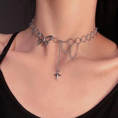 China Simple Punk Link Chain Necklace Round High Quality Style Butterfly Choker Zinc Alloy Necklace for sale